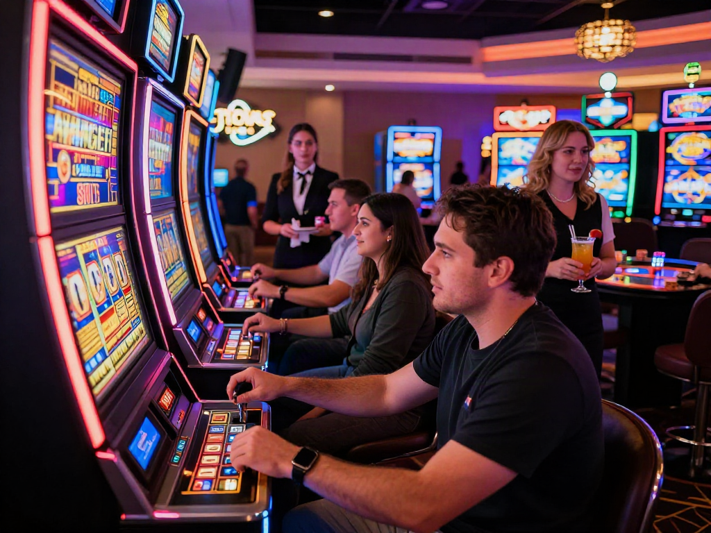 Players enjoying modern slot machines in a lively casino, highlighting excitement and gaming atmosphere.