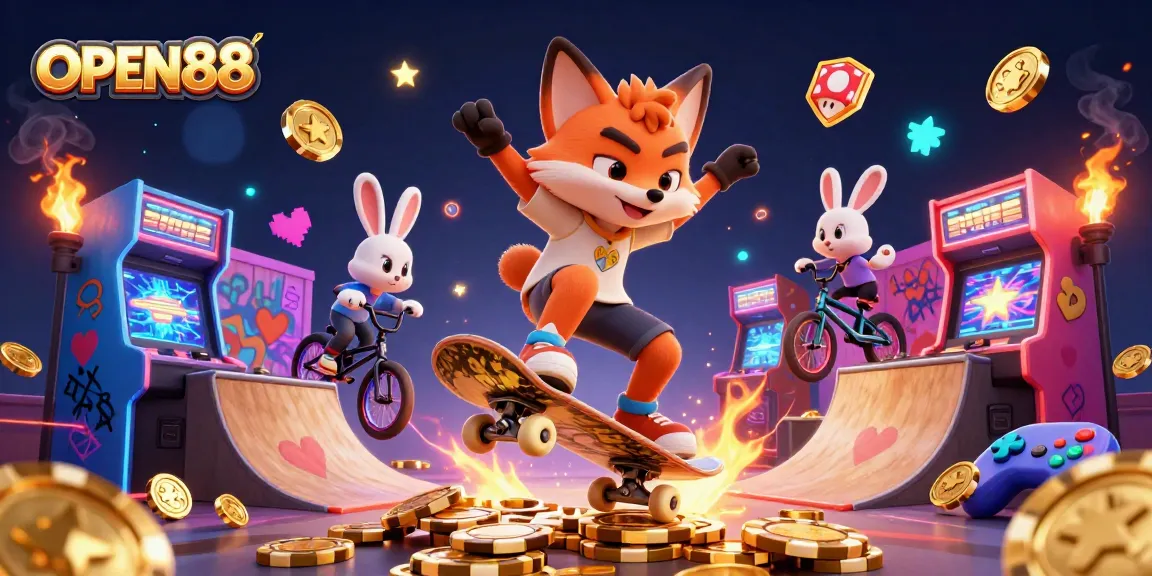 Experience thrilling gaming at OPEN88 with a lively fox and rabbit in an energetic casino scene.