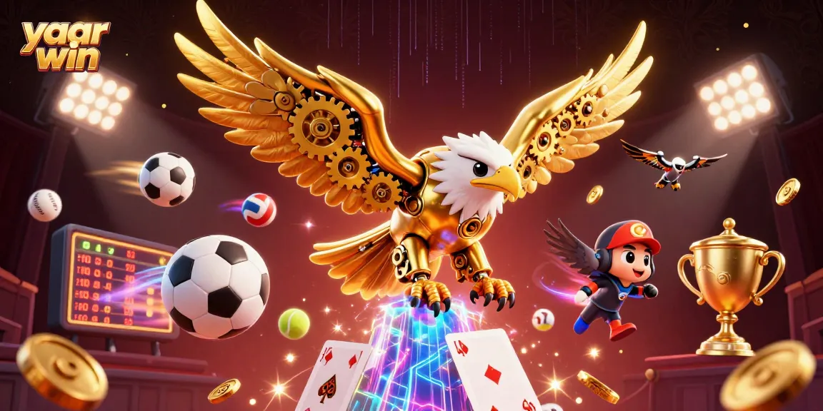 Join the excitement with yaar win, featuring a vibrant 3D scene of animated gaming action and winning sports moments.
