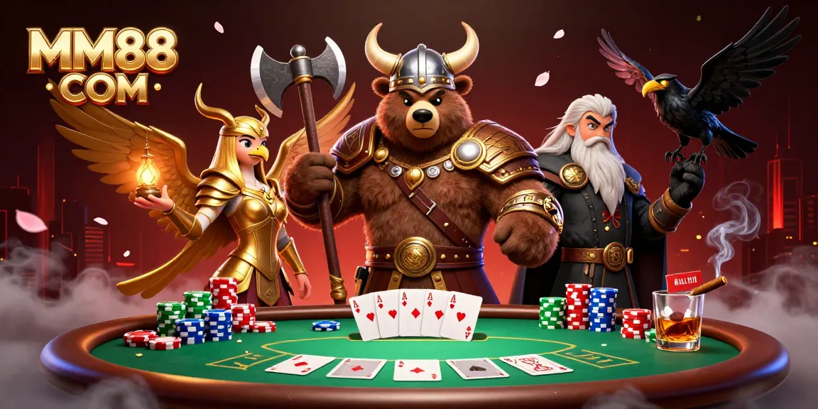 Play poker and win at MM88 COM with a lively scene featuring colorful chips and dynamic action.
