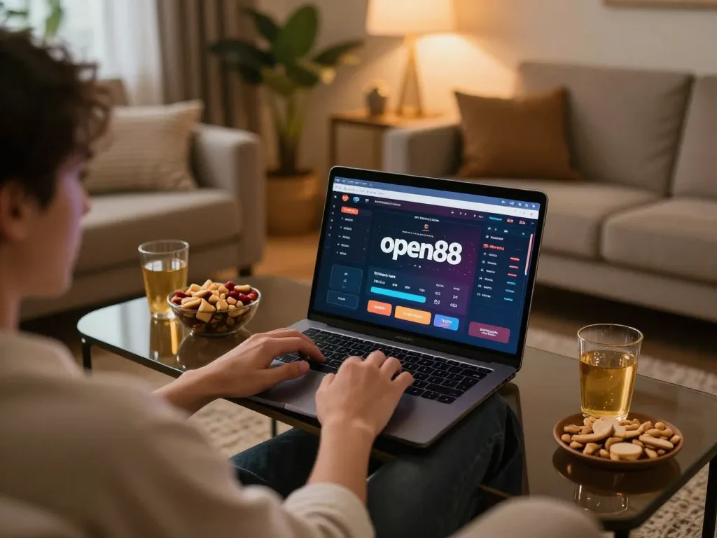 Play online gambling with open88 in a cozy home setup enjoying a laptop game.