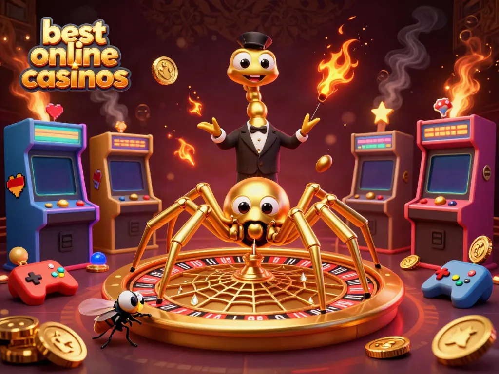 Engage with the best online casinos and witness a golden roulette wheel web spun by a cartoon spider.