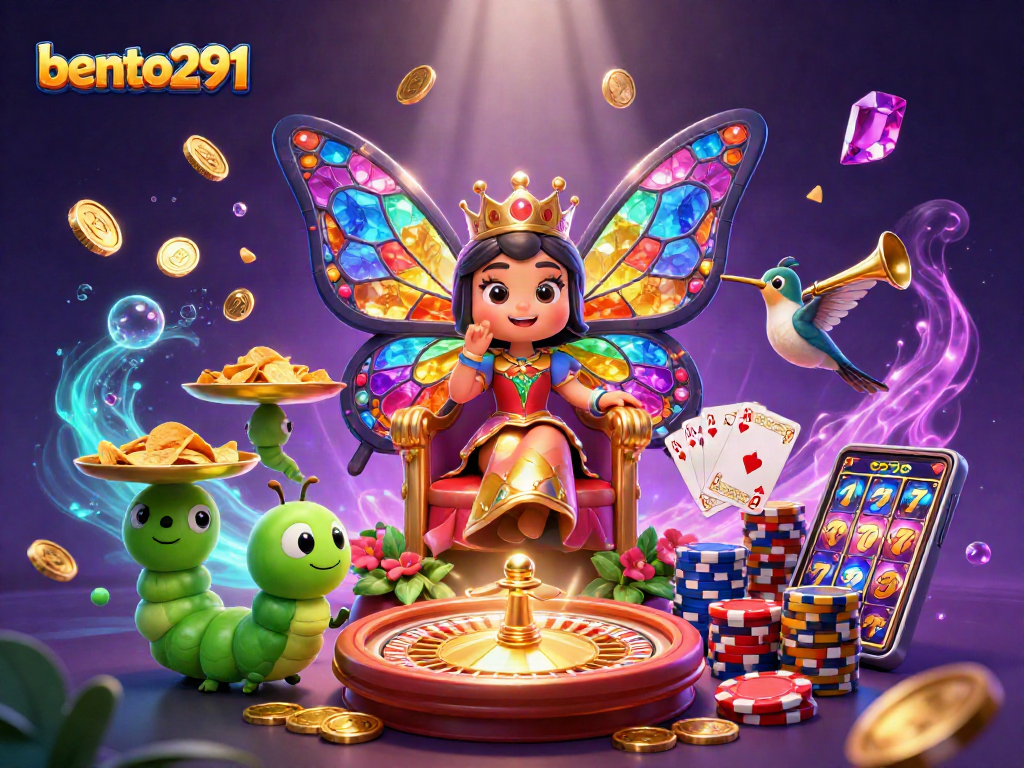 Experience thrilling wins with bento291 in a vibrant casino scene featuring a butterfly queen.