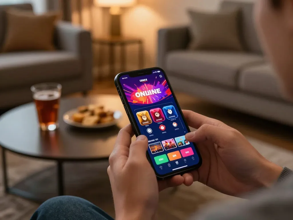 Engaging with Canadian online casinos through a smartphone in a cozy home setting.