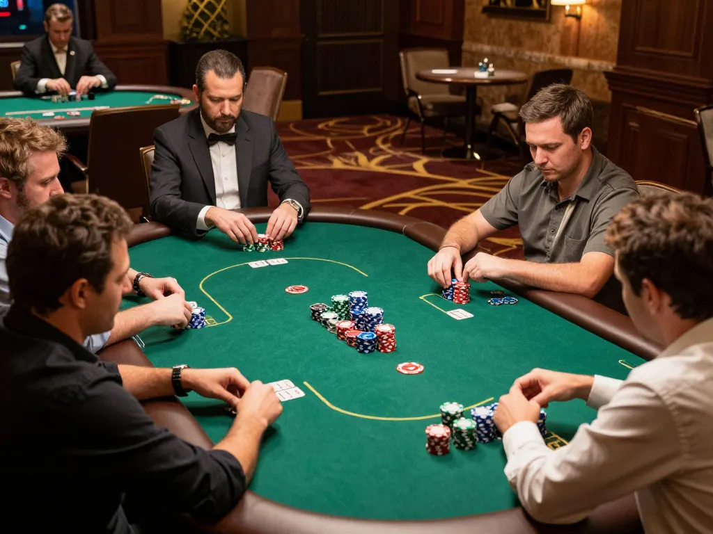 Engaged players at HUBET poker tournament showcasing chips and strategy.