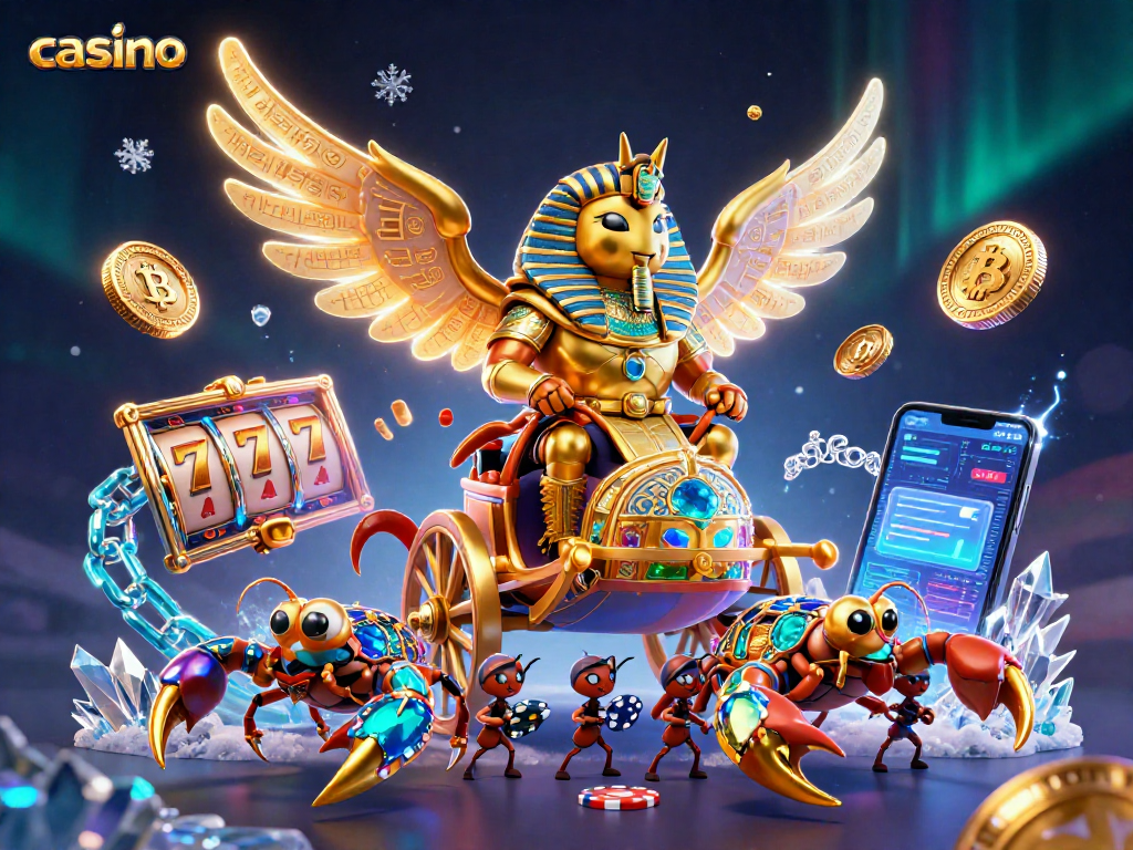 Engage in new casino adventures with a vibrant scene featuring dynamic characters and crypto elements.