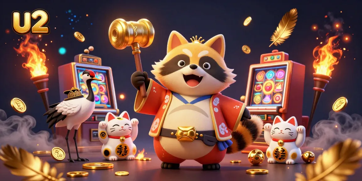 Engage with U2 online casino's excitement through dynamic imagery featuring a cheerful tanuki and slot games.