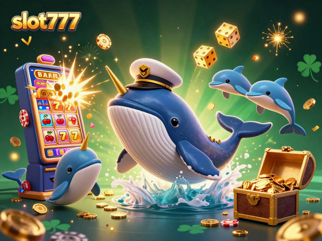 Engage with slot777 in a vibrant 3D scene featuring a whale, narwhal, and dolphins amidst casino elements.