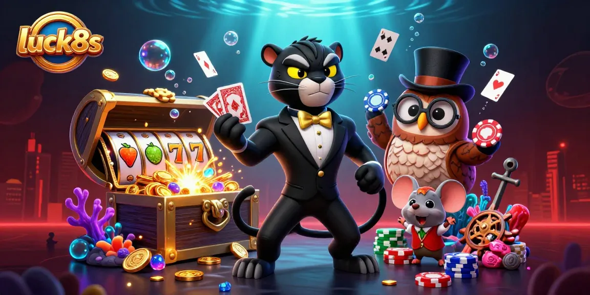 Engage with luck8s at our vibrant casino, featuring a stylish panther dealer and charming characters.