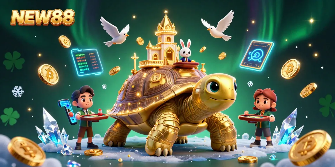 Win exciting rewards at NEW88 with the rabbit dealer and golden tortoise casino in a vibrant 3D scene.