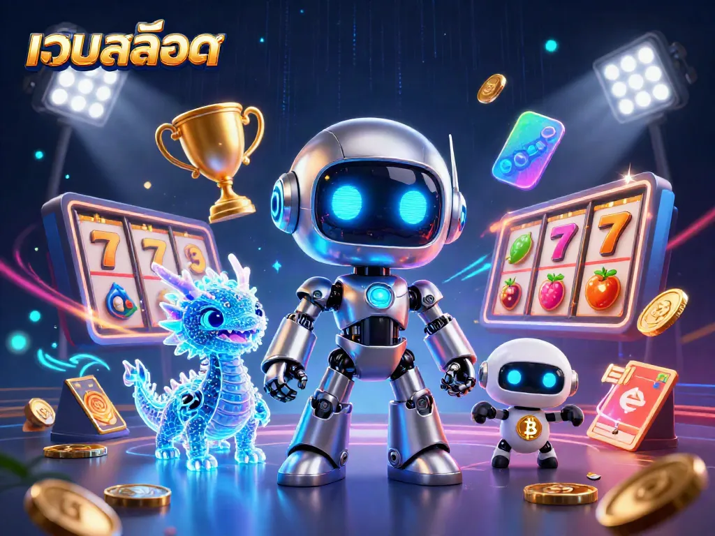 Engage with เว็บสล็อต through vibrant 3D slots featuring robots and holograms in an electrifying casino scene.