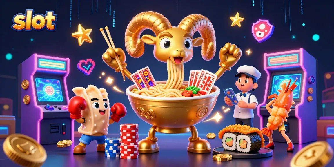 Slot menarik dengan karakter kartun 3D, tumpukan chip, dan mesin game cerah