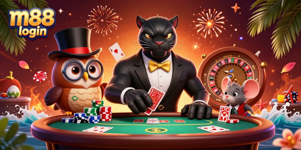 Experience thrilling poker action with m88 login at a vibrant 3D casino scene featuring playful characters.