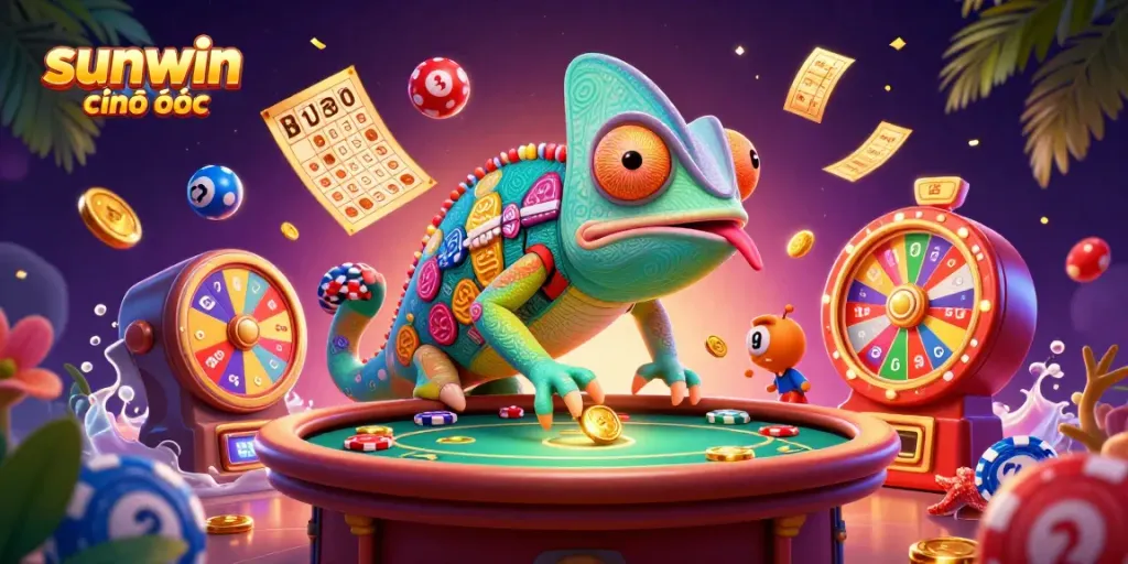 Engage with sunwin chính thức as colorful lottery and casino elements create a vibrant gaming atmosphere.