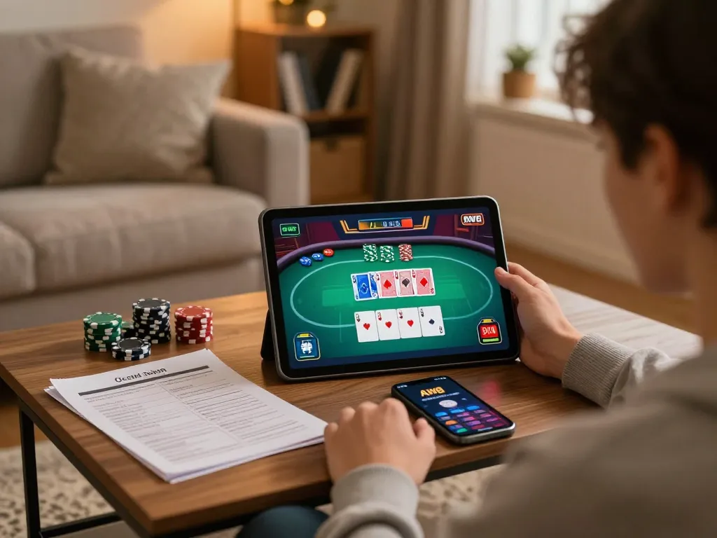 Engaging in online casino gaming on AW8 tablet in cozy living room setting