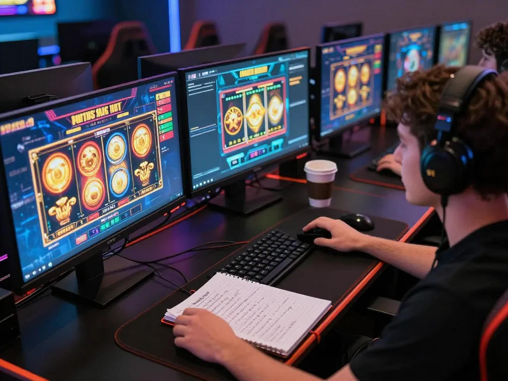 Player engaging with a situs slot platform on a vibrant multi-monitor gaming setup