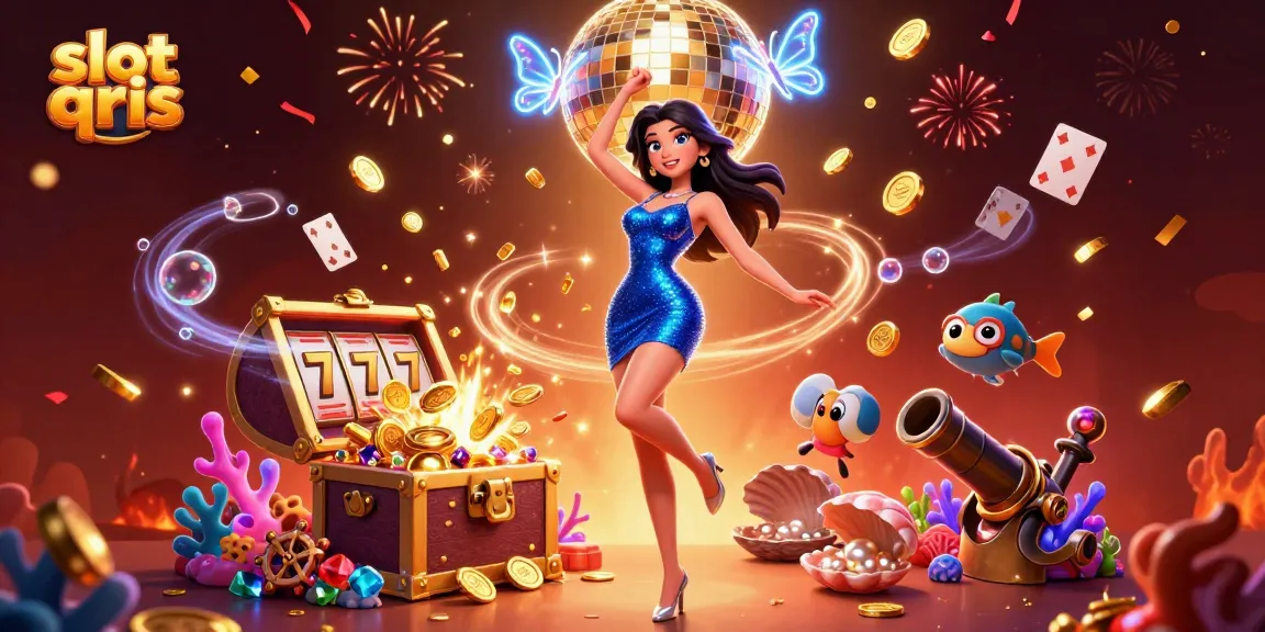 Experience the excitement of slot qris with a dazzling woman in blue, surrounded by vibrant casino elements.