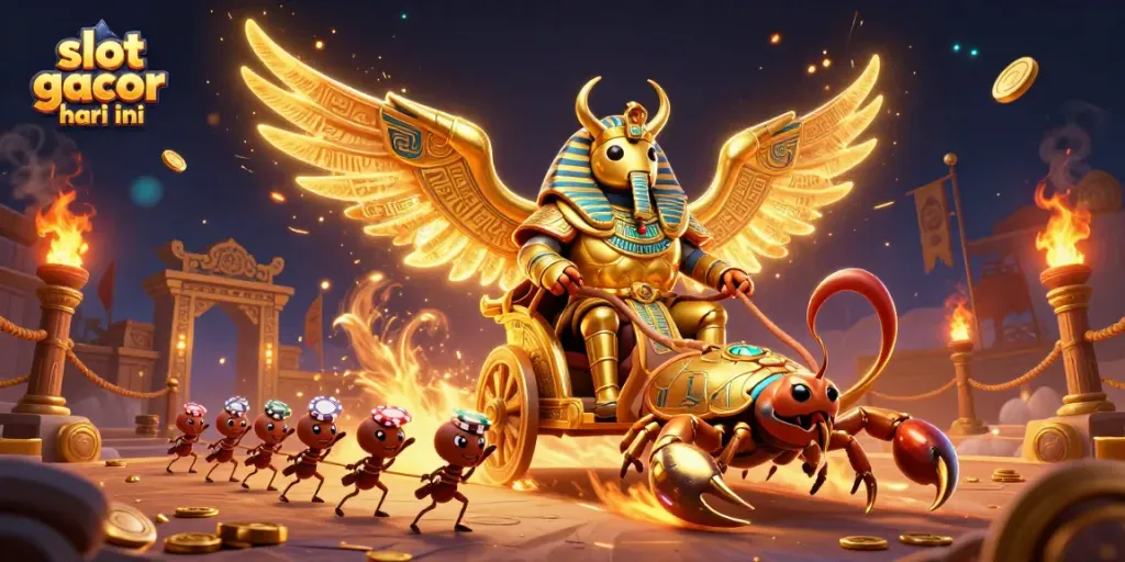 Menghasilkan slot gacor hari ini dengan scarab emas kolosal 3D dalam armor firaun mengemudikan kereta.