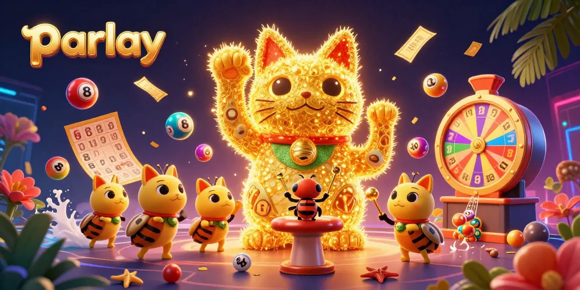 Engage in parlay betting with vibrant game elements and a lucky cat surrounded by casino symbols.
