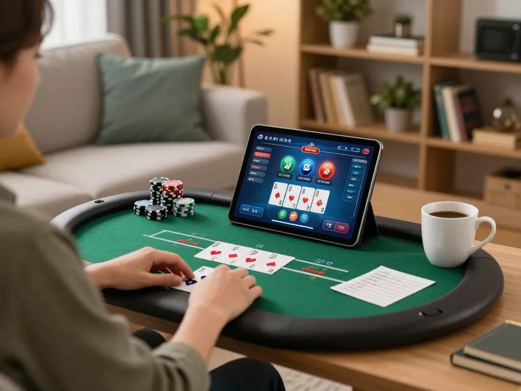 Experience online gambling with ทางเข้า m115 in a cozy home setting, focusing on poker gameplay