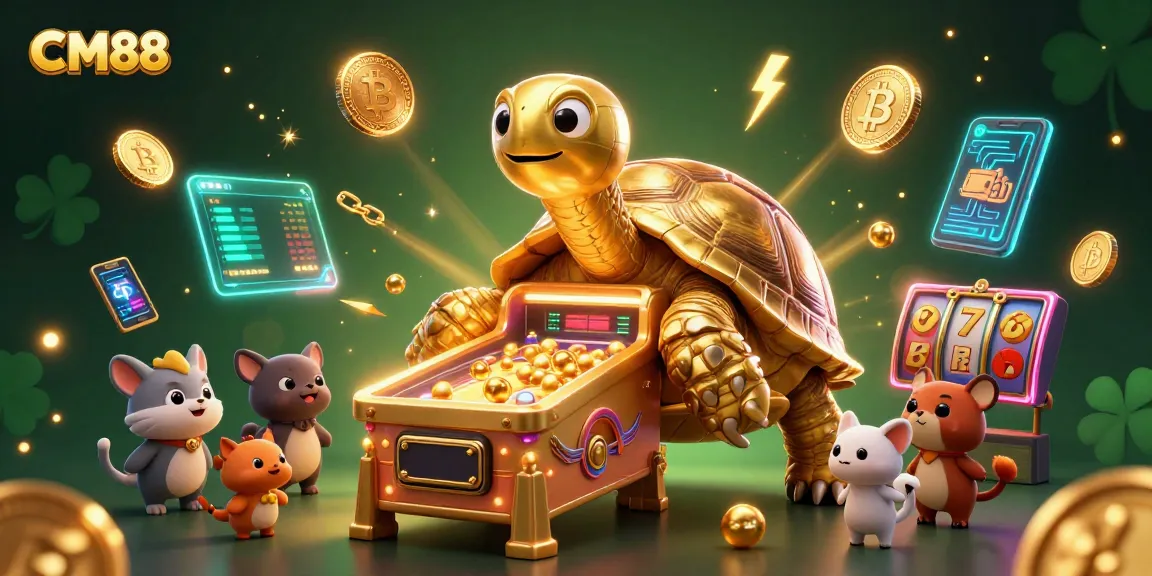 Engage with CM88's exciting casino games featuring a golden tortoise pinball arcade and vibrant slot elements.