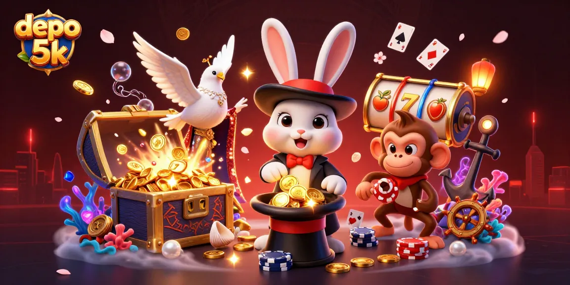 Spin the reels at depo 5k with golden magical coins, vibrant characters, and dynamic casino elements.