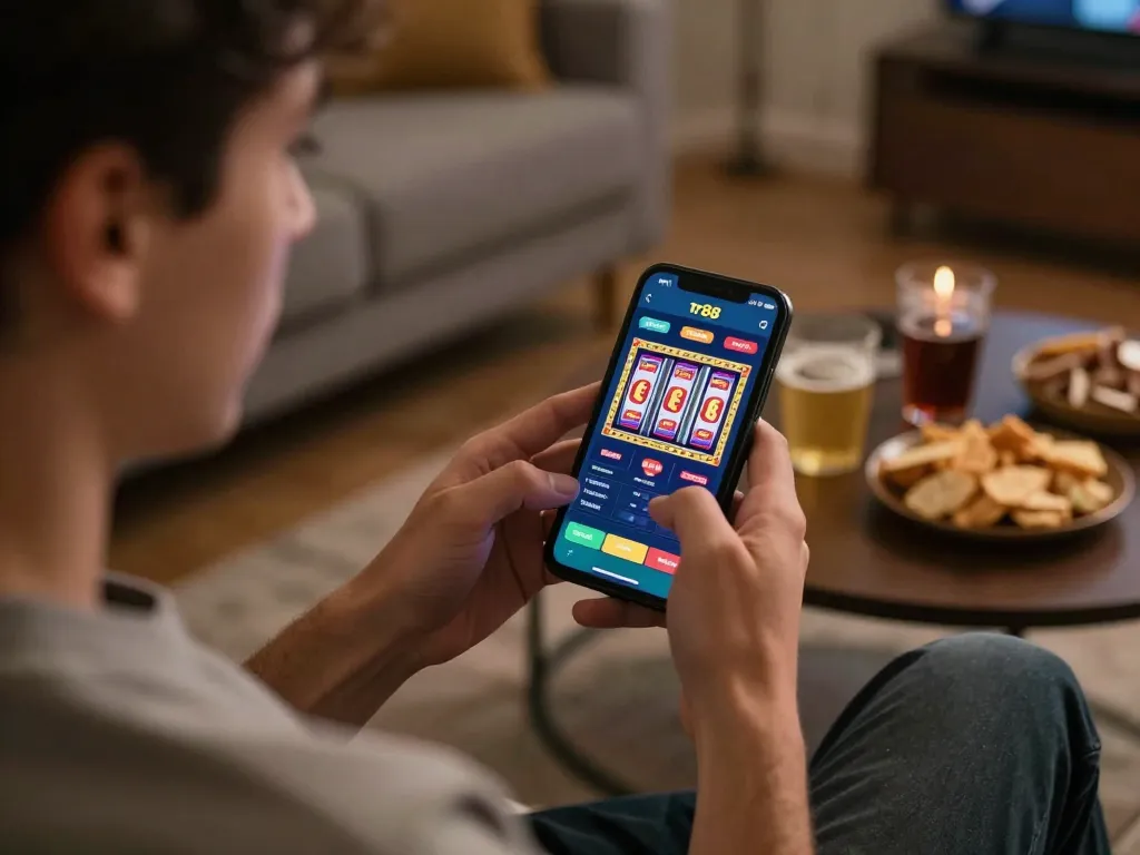 Player enjoying the tr88 gambling app on their smartphone in a cozy living room setting