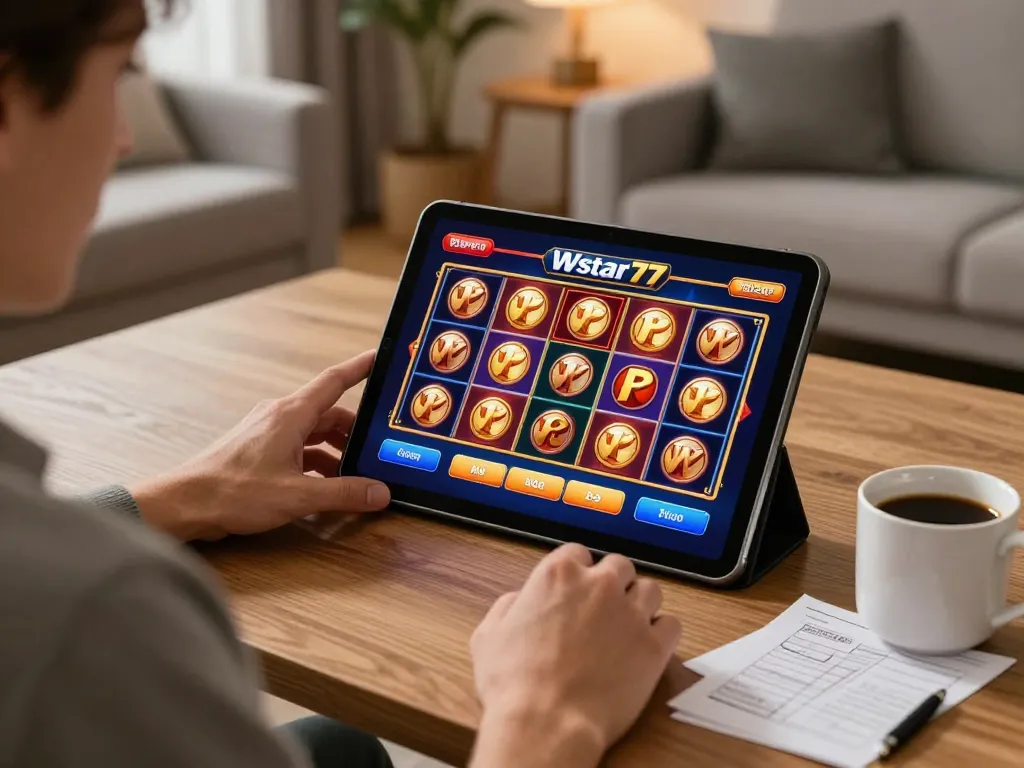 Play Wstar77 slots in a cozy home setting with a tablet and gaming notes.
