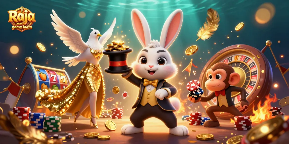Experience the magic of Raja game login with a playful rabbit, dove, and monkey in a vibrant casino scene.