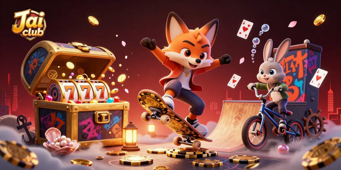 Engage with Jai Club's thrilling gameplay as a cartoon fox and rabbit showcase casino excitement.