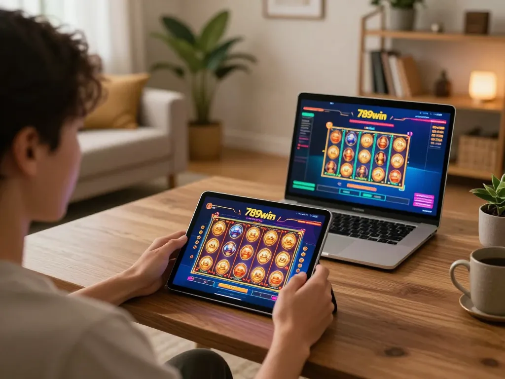 Engaging with the 789win casino app on a tablet while enjoying a cozy home atmosphere.