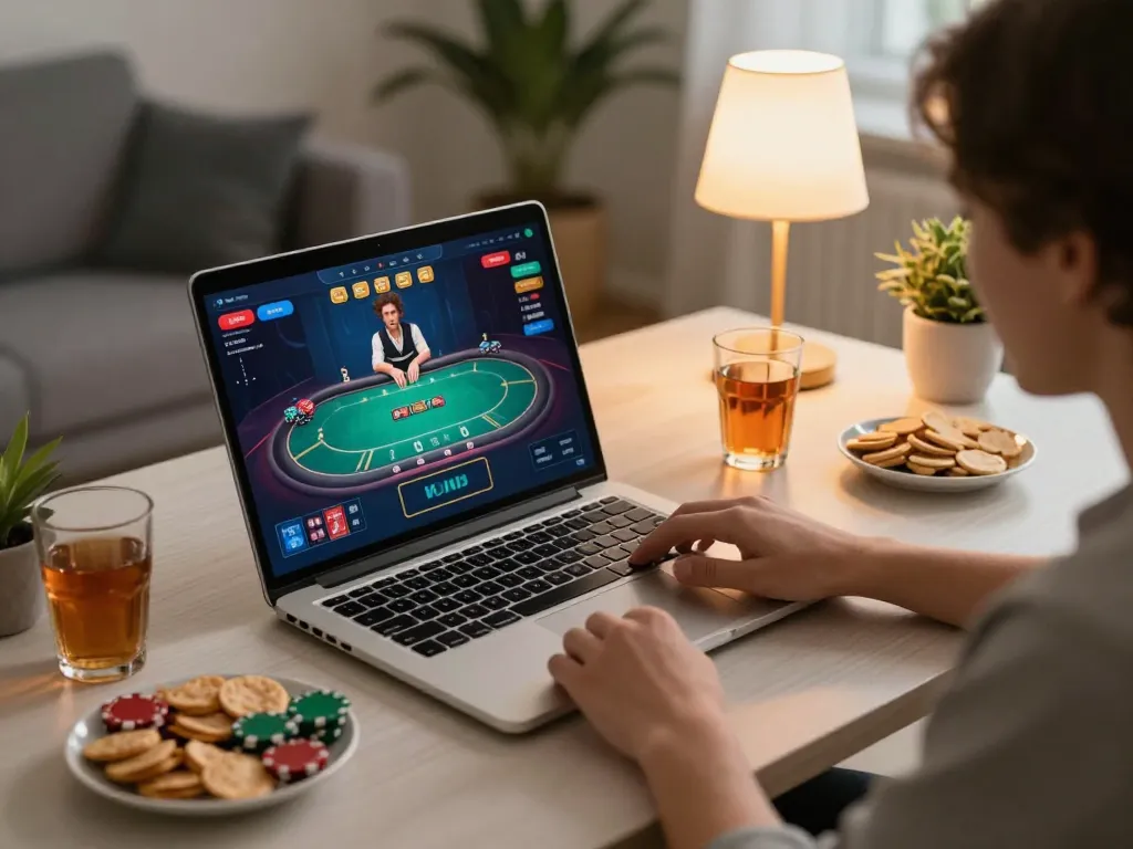 UU88 engaging online poker gameplay at a modern home setup with vibrant interface and cozy atmosphere