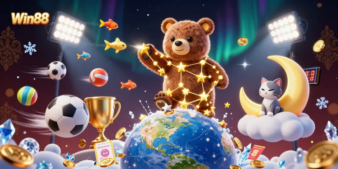 Win88 players watching a constellation bear scoop coins in a dynamic, colorful casino scene.