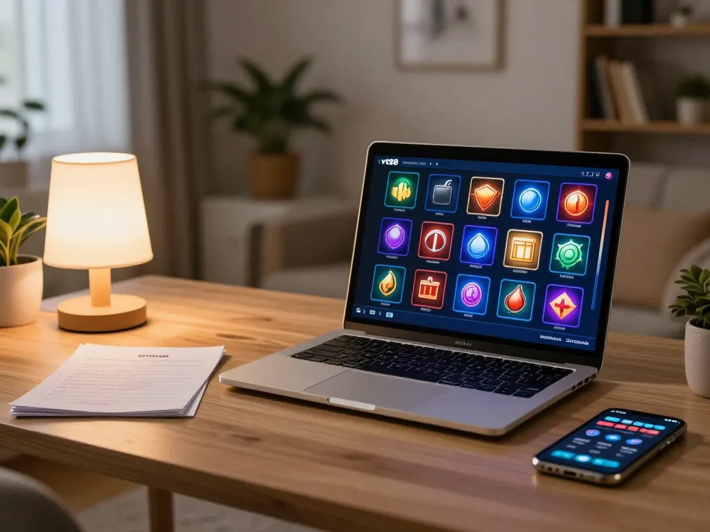 Engaging online gaming scene showing vt88 interface on laptop with cozy setup.
