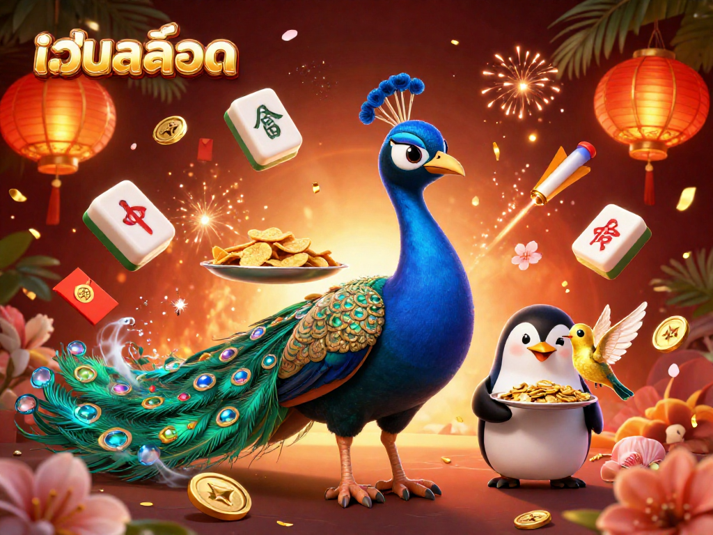Engage with เว็บสล็อต illustrated via vibrant peacock and dynamic elements of chance in casino