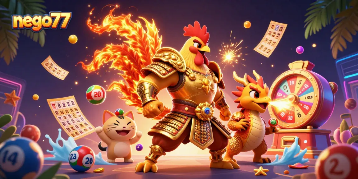 Nego77 provides dynamic gaming experiences with colorful lottery balls and a heroic rooster warrior.