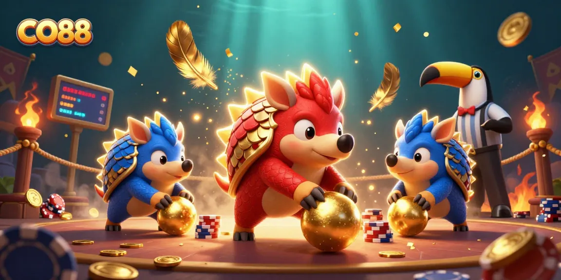 Experience CO88 excitement with pangolins rolling through poker chips in this vibrant casino scene.