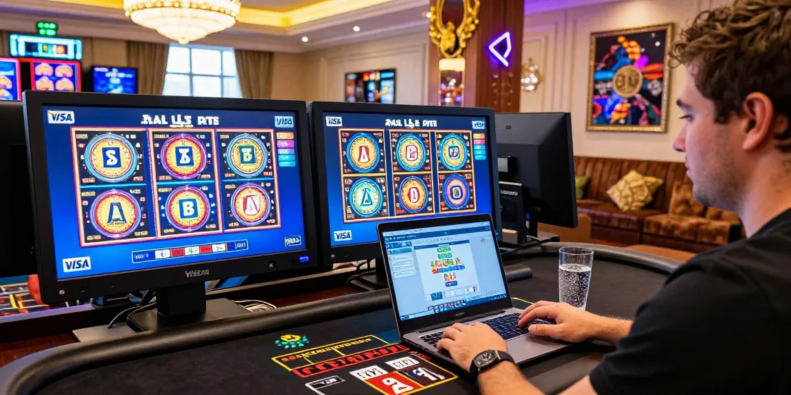 Player engaging with credit card casinos, enjoying vibrant online gaming experience with slot machines and live dealers.