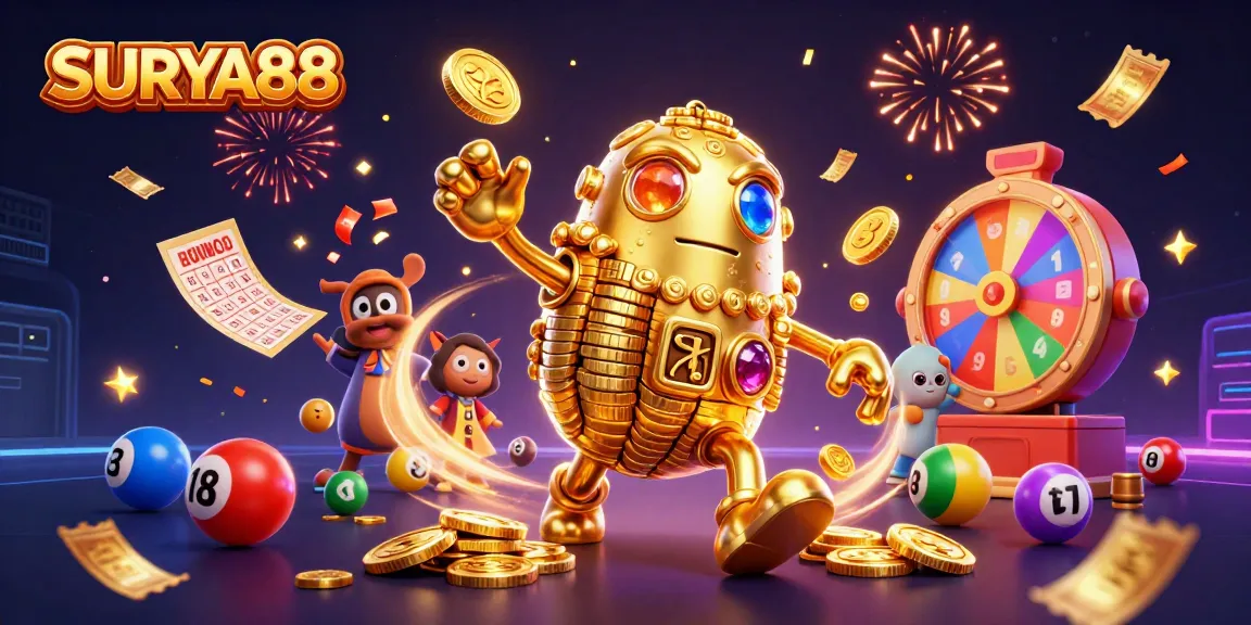 SURYA88 features an animated golden golem surrounded by dynamic lottery elements and festive visuals.