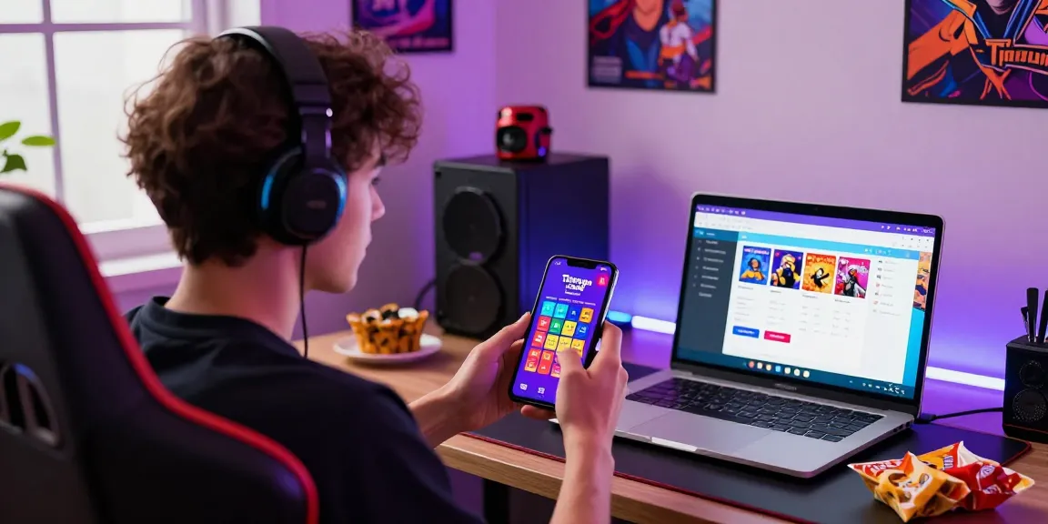 Tiranga Game Login scene showing a young adult engaging with colorful mobile gaming interface in a vibrant gaming environment
