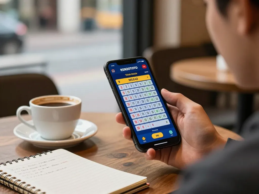 Pemain memeriksa aplikasi KENZOTOTO untuk hasil Toto Macau di meja kafe, menampilkan perjudian seluler.