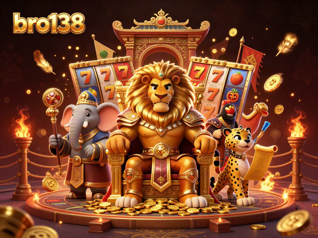 Spin through thrilling slots at bro138 with a golden lion king, lucky symbols, and exciting action!