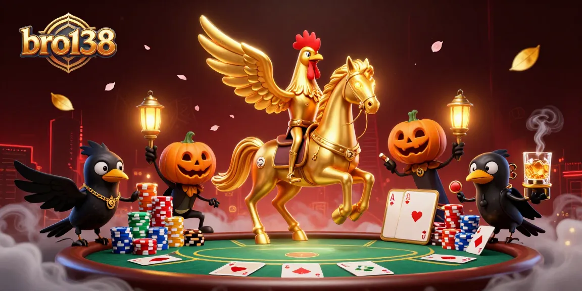 Bro138 showcases an epic casino scene with a unique golden rooster character in action.