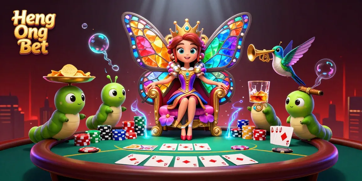 Engage in thrilling gameplay at Heng Ong Bet with a vibrant 3D illustration featuring a casino until overflowing with poker chips and festive elements.