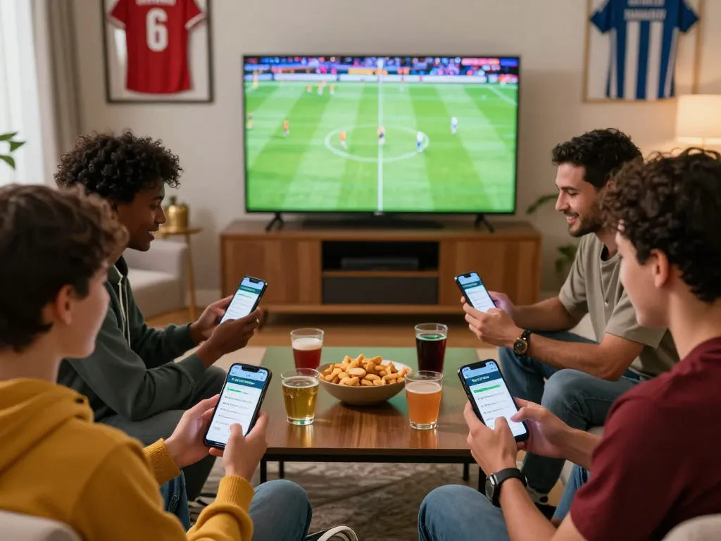 Momen taruhan olahraga yang mendebarkan bersama teman menggunakan link mix parlay di aplikasi Sydneycuan selama pertandingan sepak bola langsung.