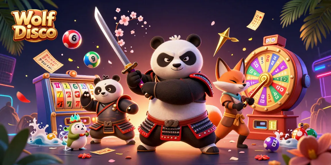 Engage in Wolf Disco with a vibrant 3D illustration showcasing a samurai panda and friends in a dynamic casino scene.