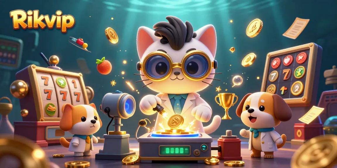 Rikvip showcases a vibrant 3D animated scene featuring a mad scientist cat and a dog in a casino lab, enhancing gambling excitement.
