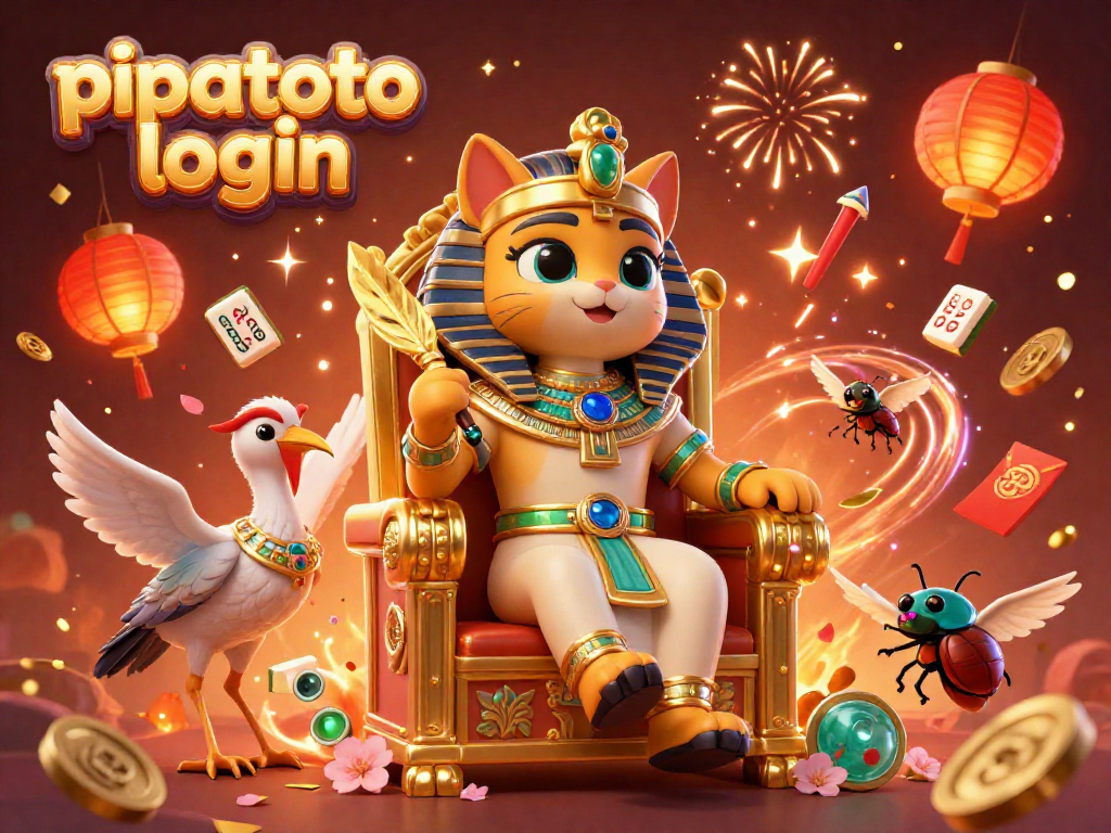 Pipatoto login showcases a vibrant scene with an Egyptian pharaoh cat and gaming elements amidst celebratory fireworks.