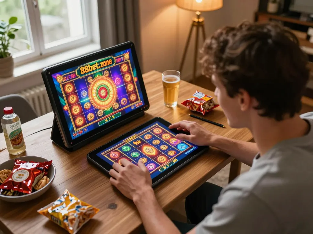 Engaging in dynamic online gaming session at https://88bet.zone/ with tablet showing winning slot spin.