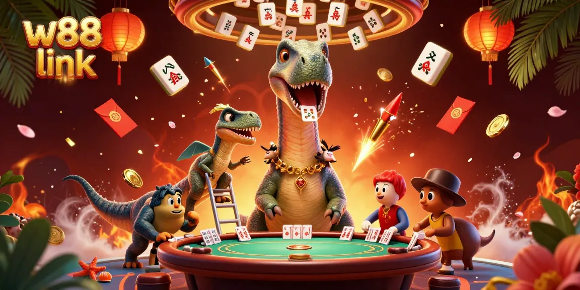 Experience thrilling gaming at W88 link with a vibrant 3D illustration showcasing lively casino elements.